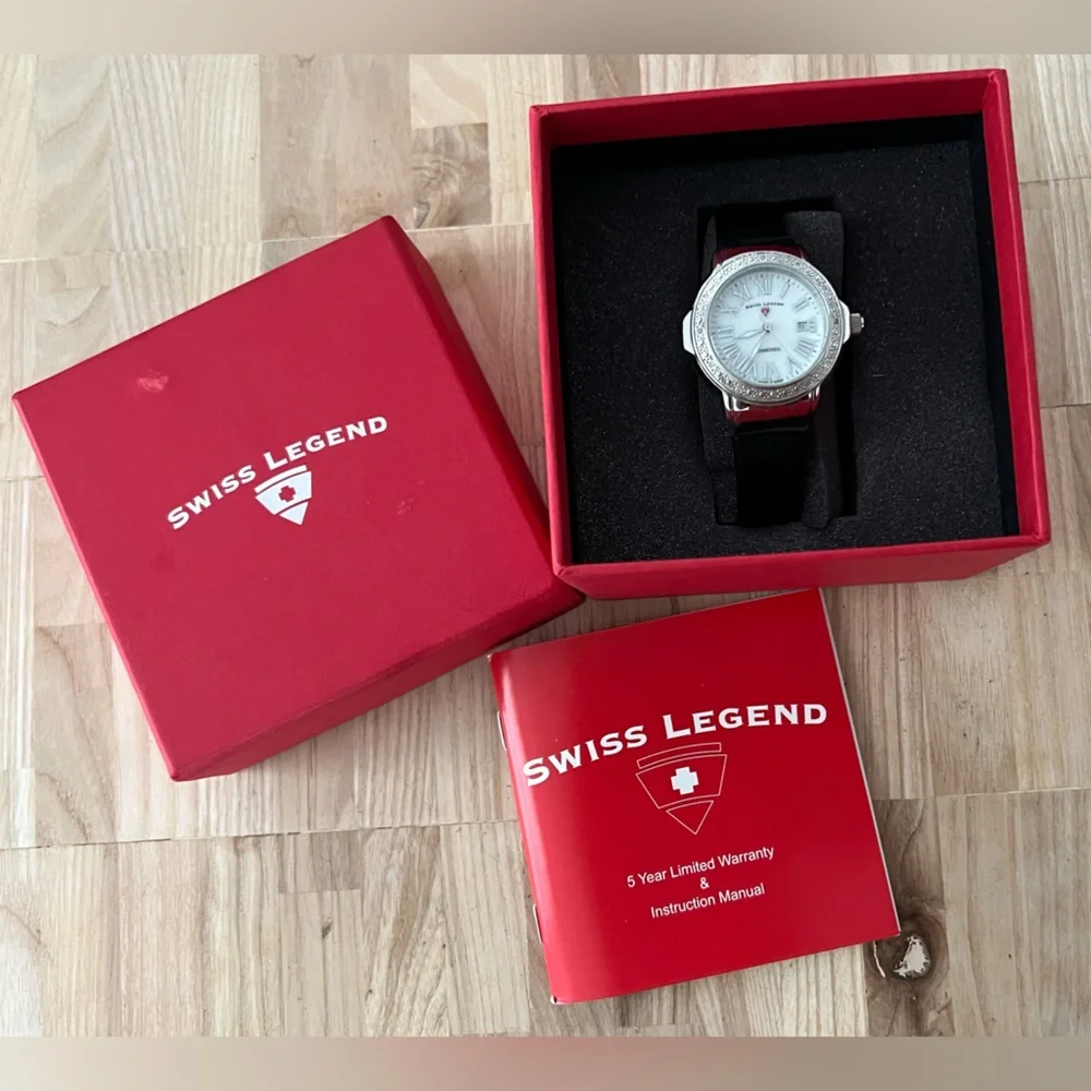 Swiss Legend Diamonds Ladies Watch Pearl Dial Date Window Poly Strap IOB